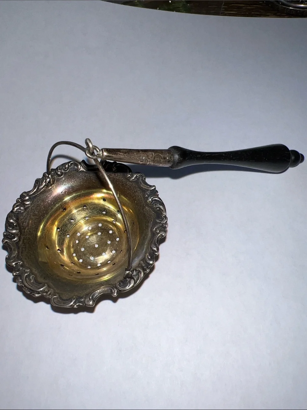 Antique Sterling Silver & Ebony dangling Victorian tea leaf strainer Repousse